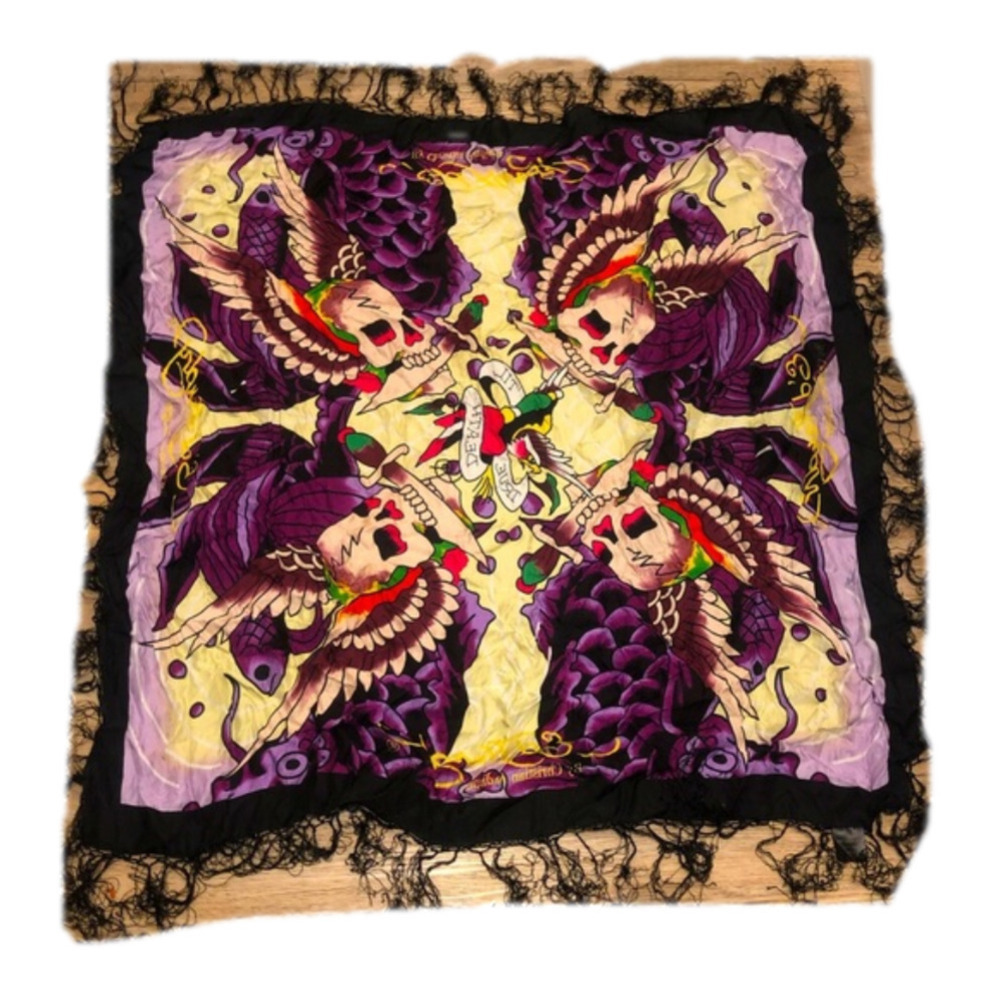 Y2k Ed Hardy 100% Silk Scarf w Fringe โTrue til Deathโ Skulls 34โ x 34โ